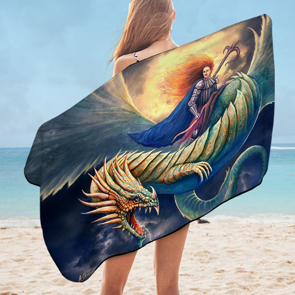 Warrior Riding a Scary Dragon Beach Towels
