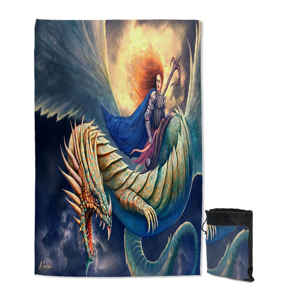 Warrior Riding a Scary Dragon Quick Dry Beach Towel