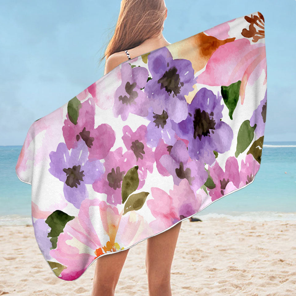 Water Colored Flowers Pretty Printed Beach Towel