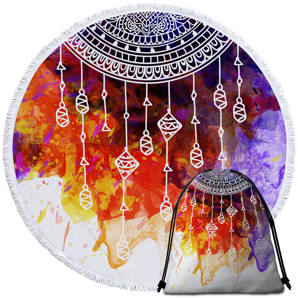 Water Colored and Mandala Round Beach Towel