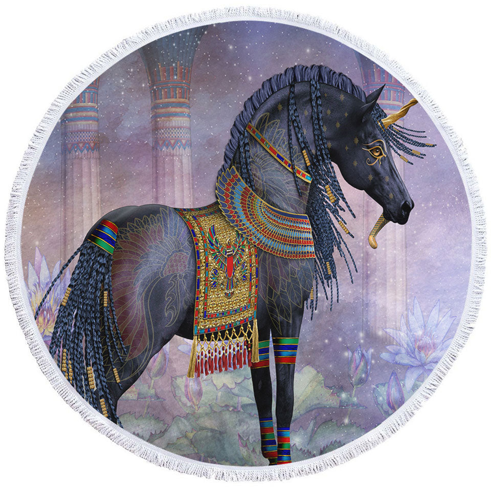 Water Lilies Black Horse Unique Round Beach Towel