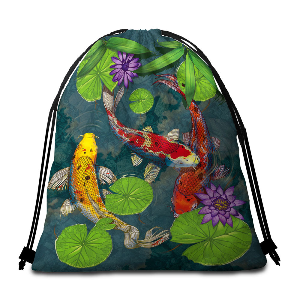 Water Lily Pond and Koi Fish Beach Bags and Towels