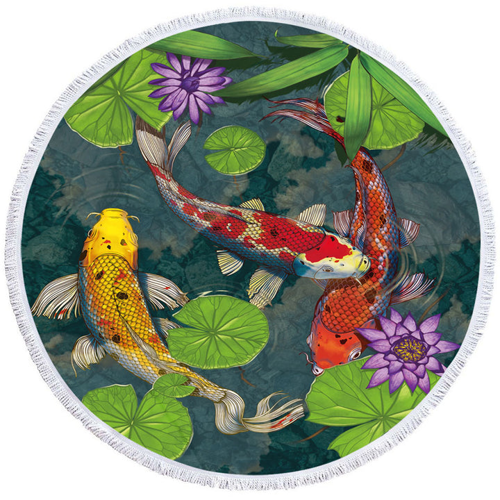 Water Lily Pond and Koi Fish Beach Towels