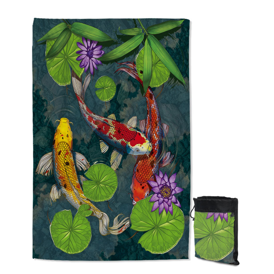 Water Lily Pond and Koi Fish Quick Dry Beach Towel