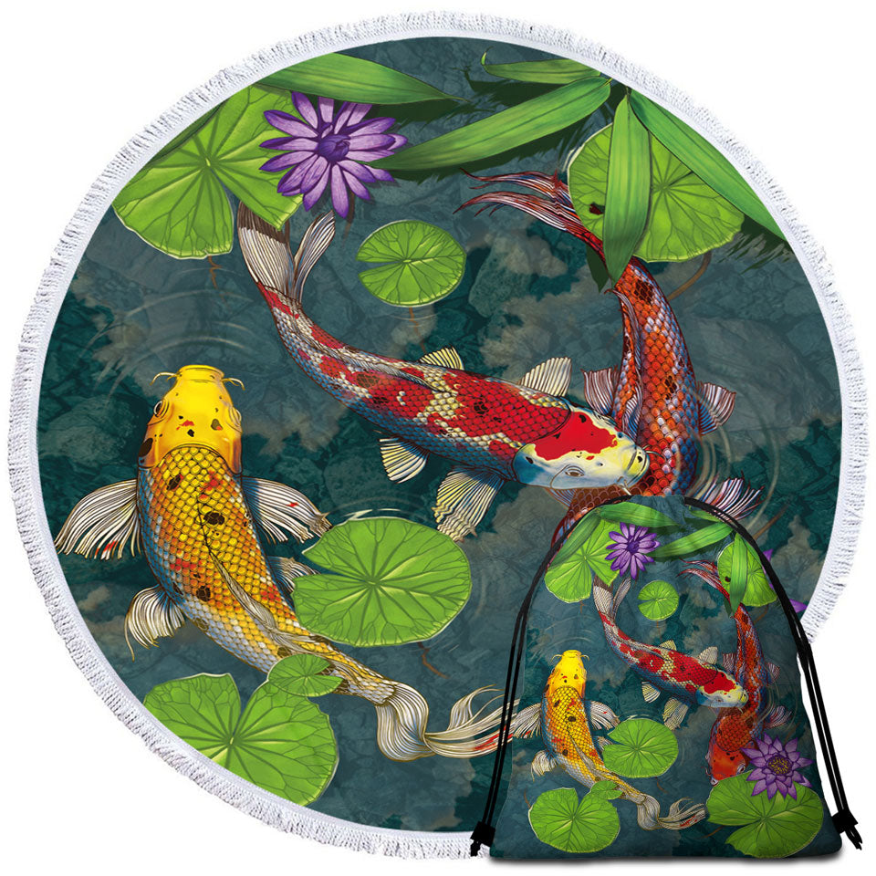 Water Lily Pond and Koi Fish Travel Beach Towel