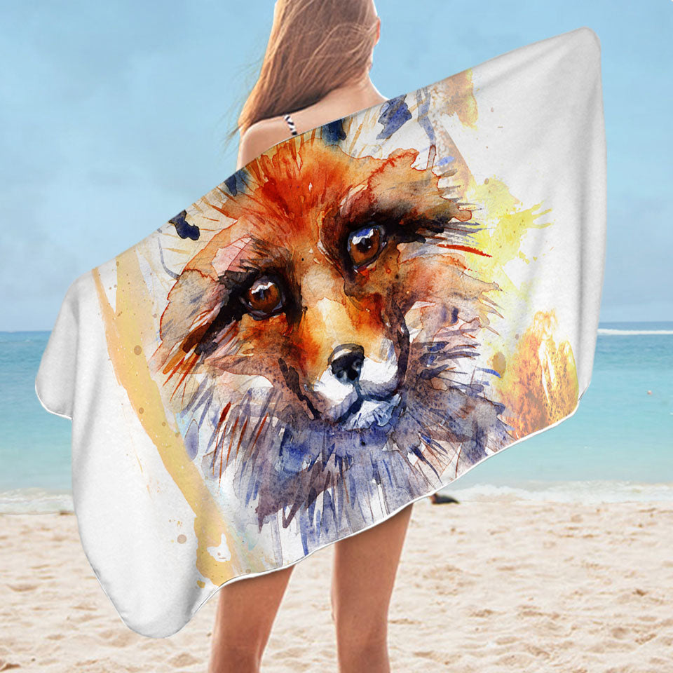 Watercolor Art Beach Towels Painting Fox