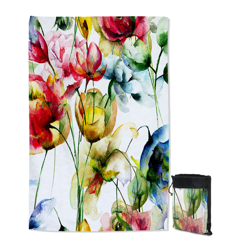 Watercolor Painting Beach Towels Colorful Flowers
