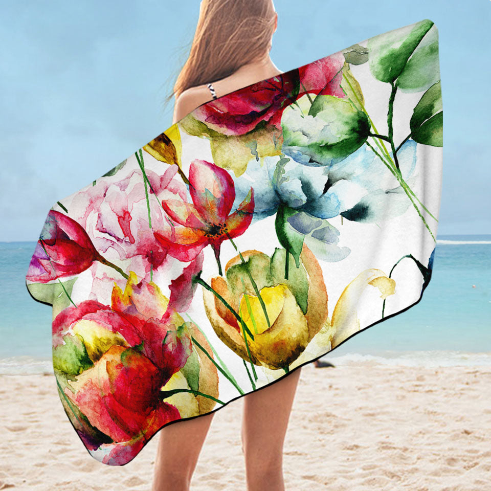 Watercolor Painting Lightweight Beach Towel Colorful Flowers