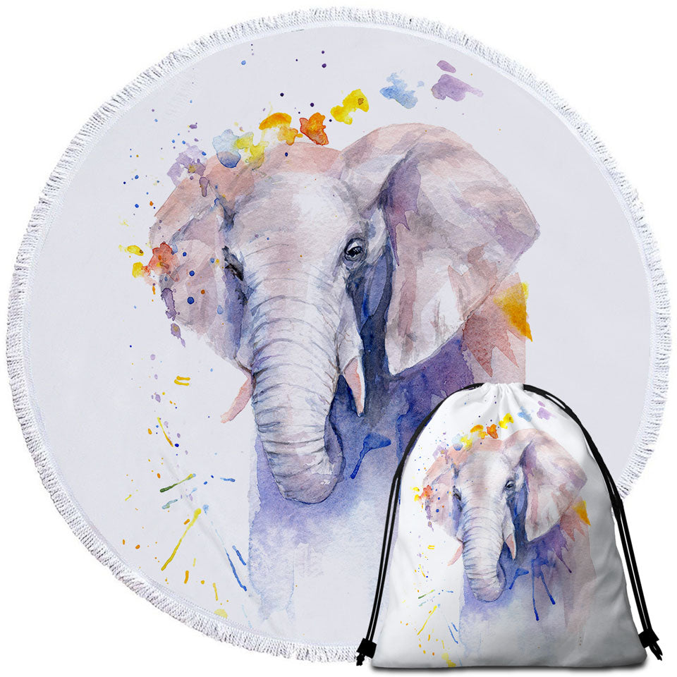 Watercolor Painting Purplish Elephant Beach Towels