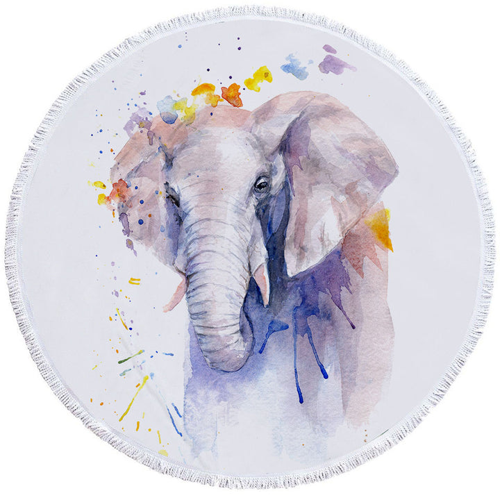 Watercolor Painting Purplish Elephant Round Beach Towel