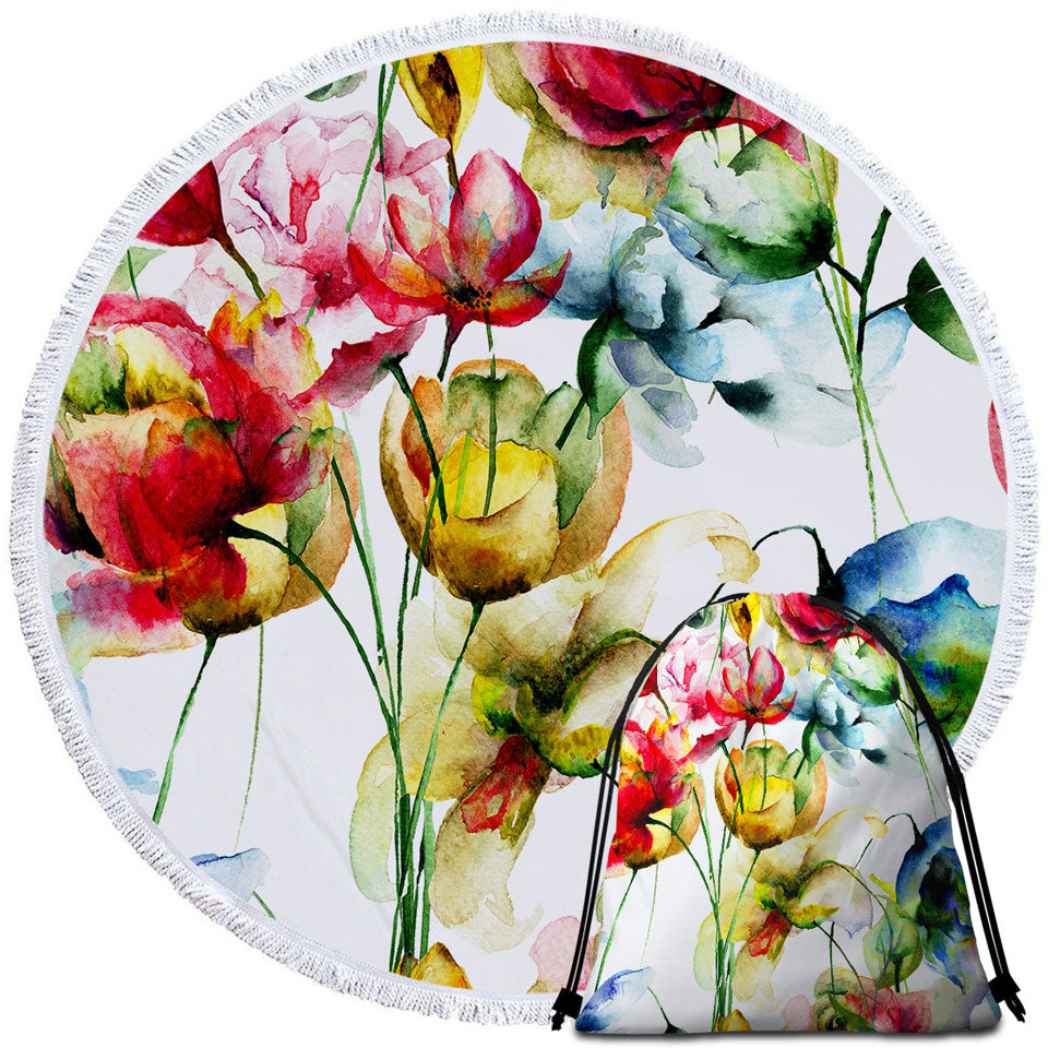 Watercolor Painting Round Beach Towel Colorful Flowers