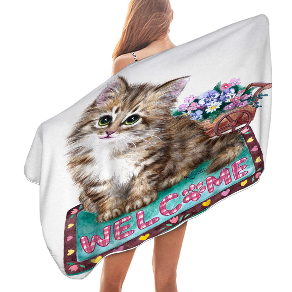 Welcome Beach Towels Flowers and Adorable Kitty Cat