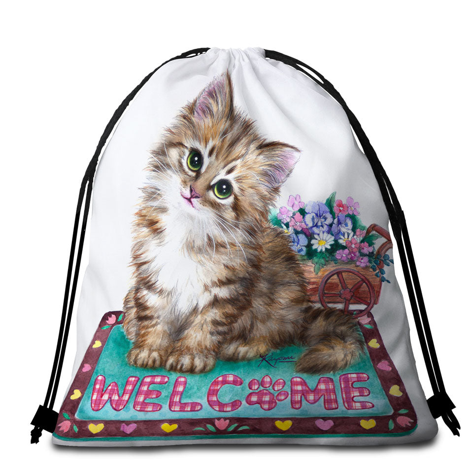 Welcome Beach Towels and Bags Set Flowers and Adorable Kitty Cat