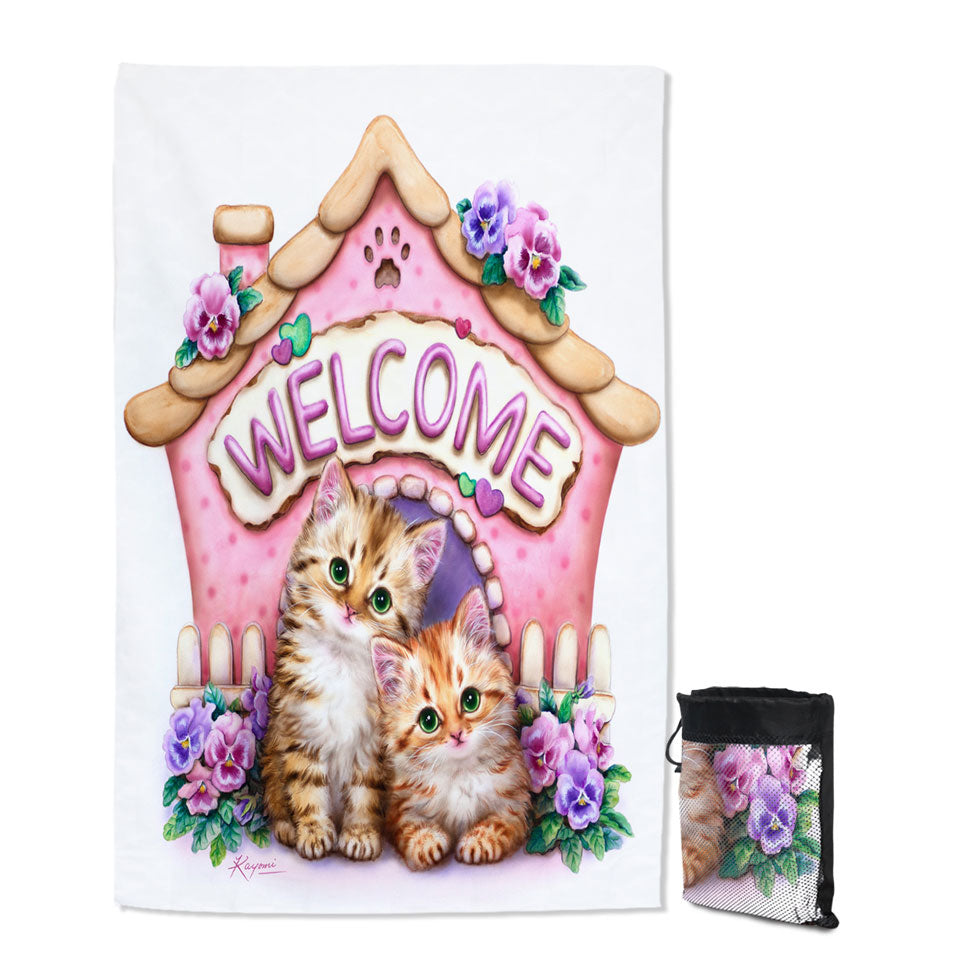 Welcome Big Beach Towels Tabby Ginger Kittens and Violet Flowers