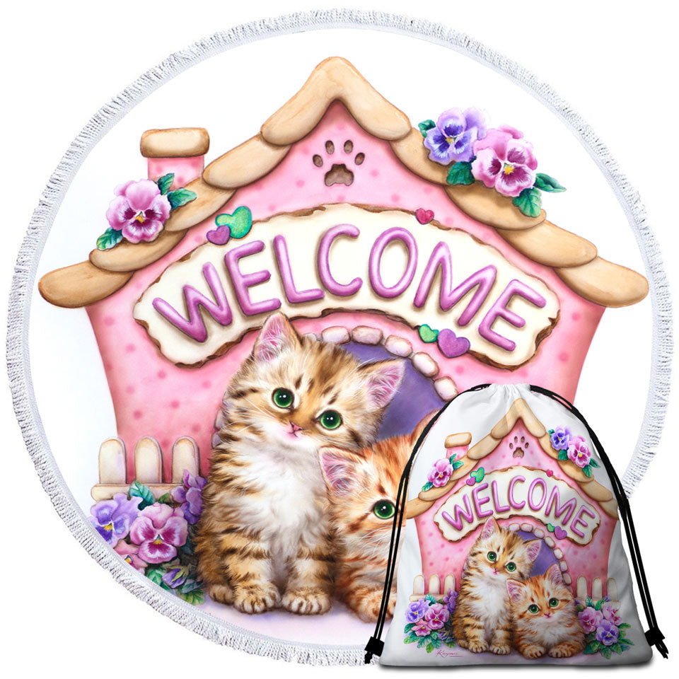 Welcome Circle Beach Towel Tabby Ginger Kittens and Violet Flowers