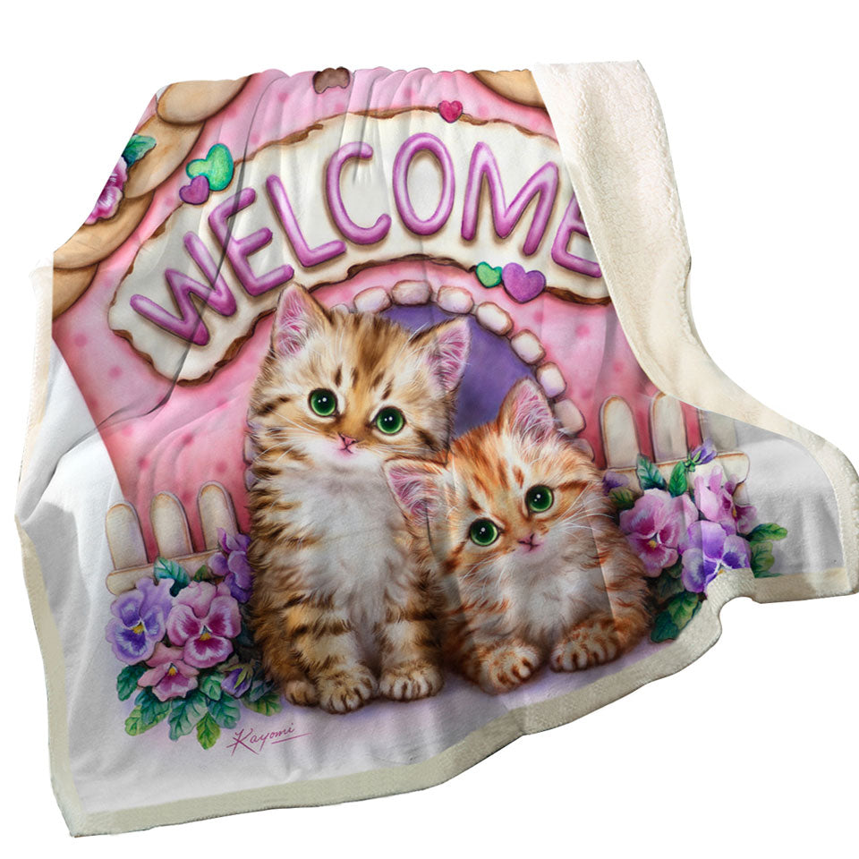 Welcome Couch Throws Tabby Ginger Kittens and Violet Flowers