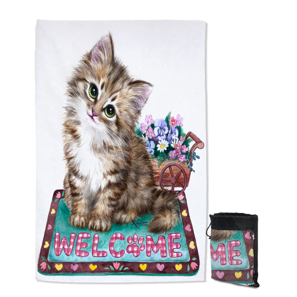 Welcome Lightweight Giant Beach Towel Flowers and Adorable Kitty Cat