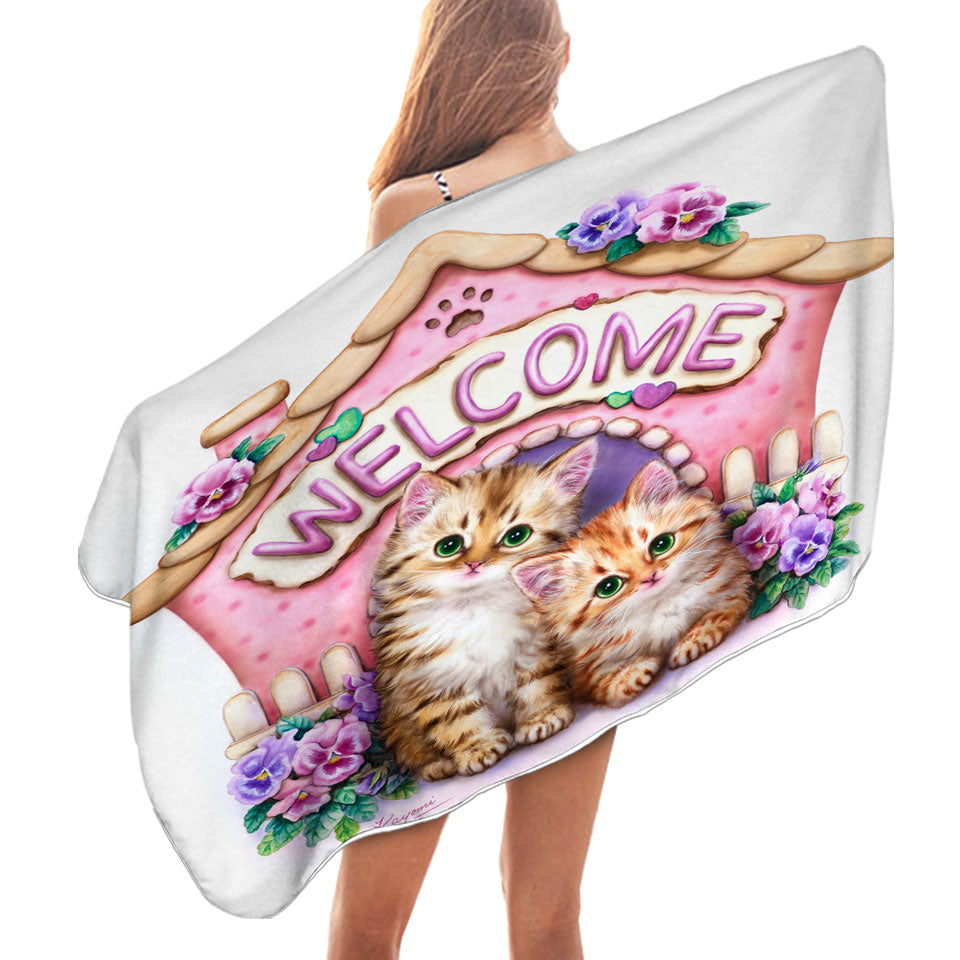 Welcome Pool Towels Tabby Ginger Kittens and Violet Flowers