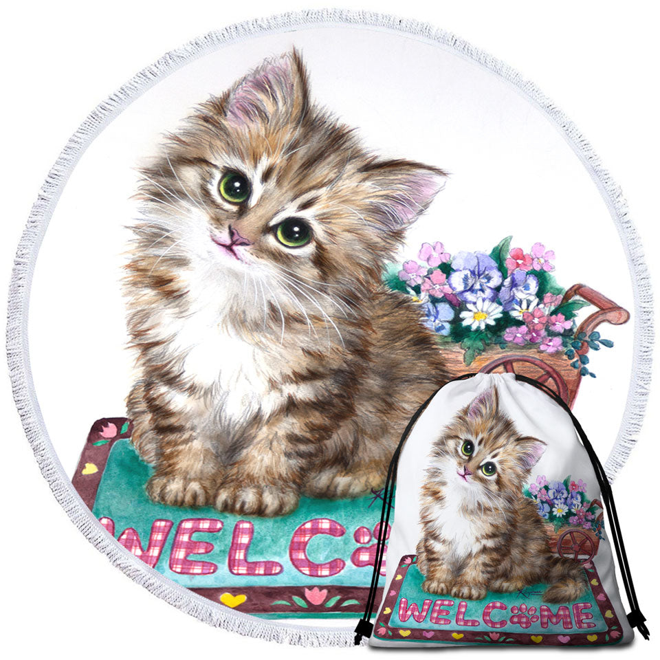 Welcome Round Beach Towel Flowers and Adorable Kitty Cat