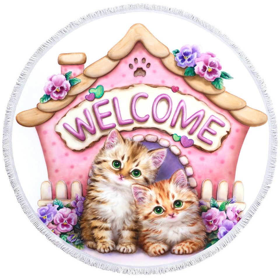 Welcome Round Beach Towel Tabby Ginger Kittens and Violet Flowers