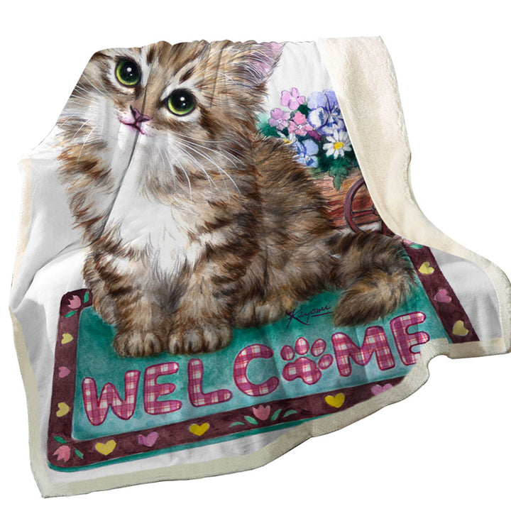 Welcome Sofa Blankets Flowers and Adorable Kitty Cat