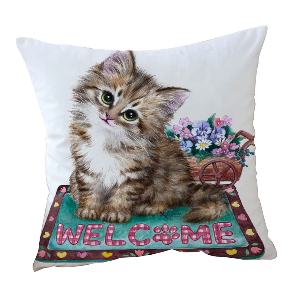 Welcome Sofa Pillows Flowers and Adorable Kitty Cat