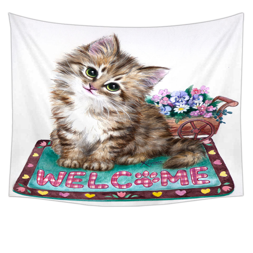 Welcome Tapestry Flowers and Adorable Kitty Cat