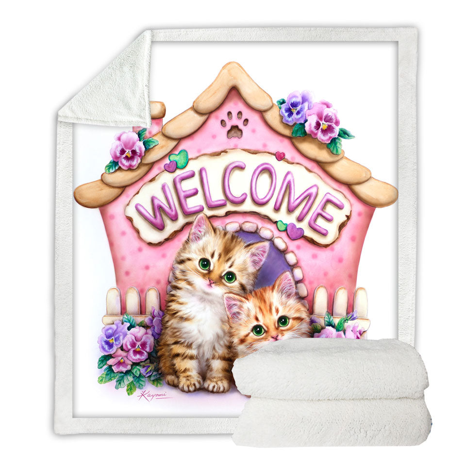 Welcome Throw Blanket Tabby Ginger Kittens and Violet Flowers