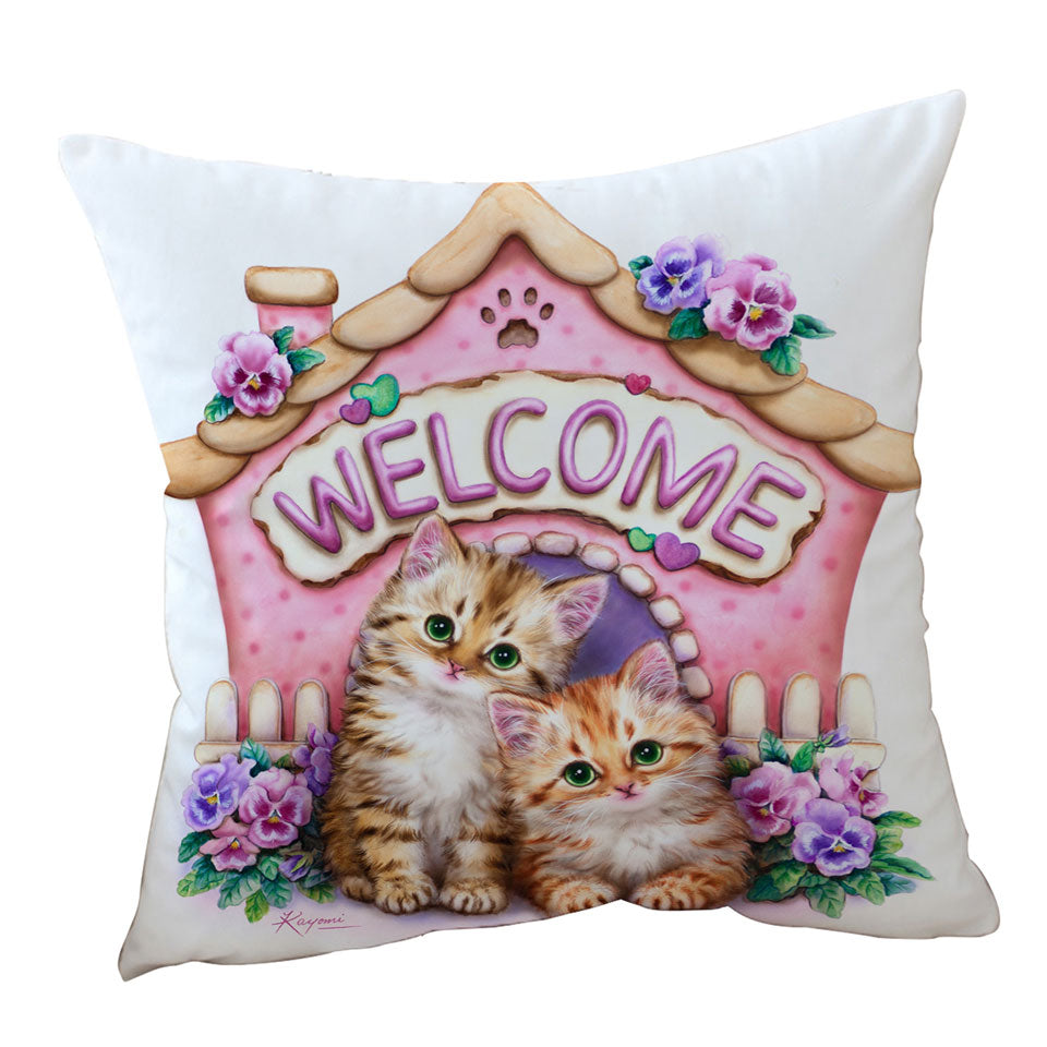 Welcome Throw Cushions Tabby Ginger Kittens and Violet Flowers