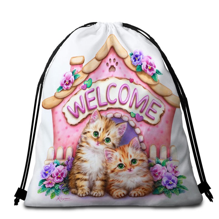 Welcome Travel Beach Towel Tabby Ginger Kittens and Violet Flowers