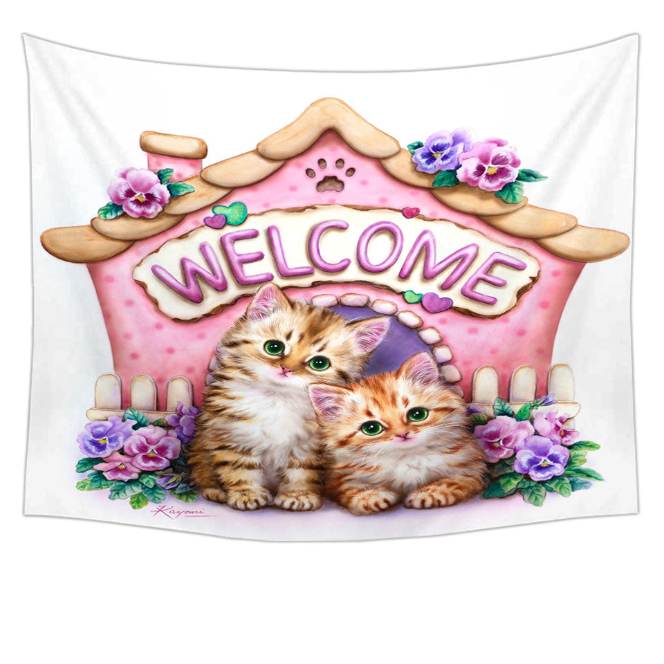 Welcome Wall Decor Tapestries Tabby Ginger Kittens and Violet Flowers