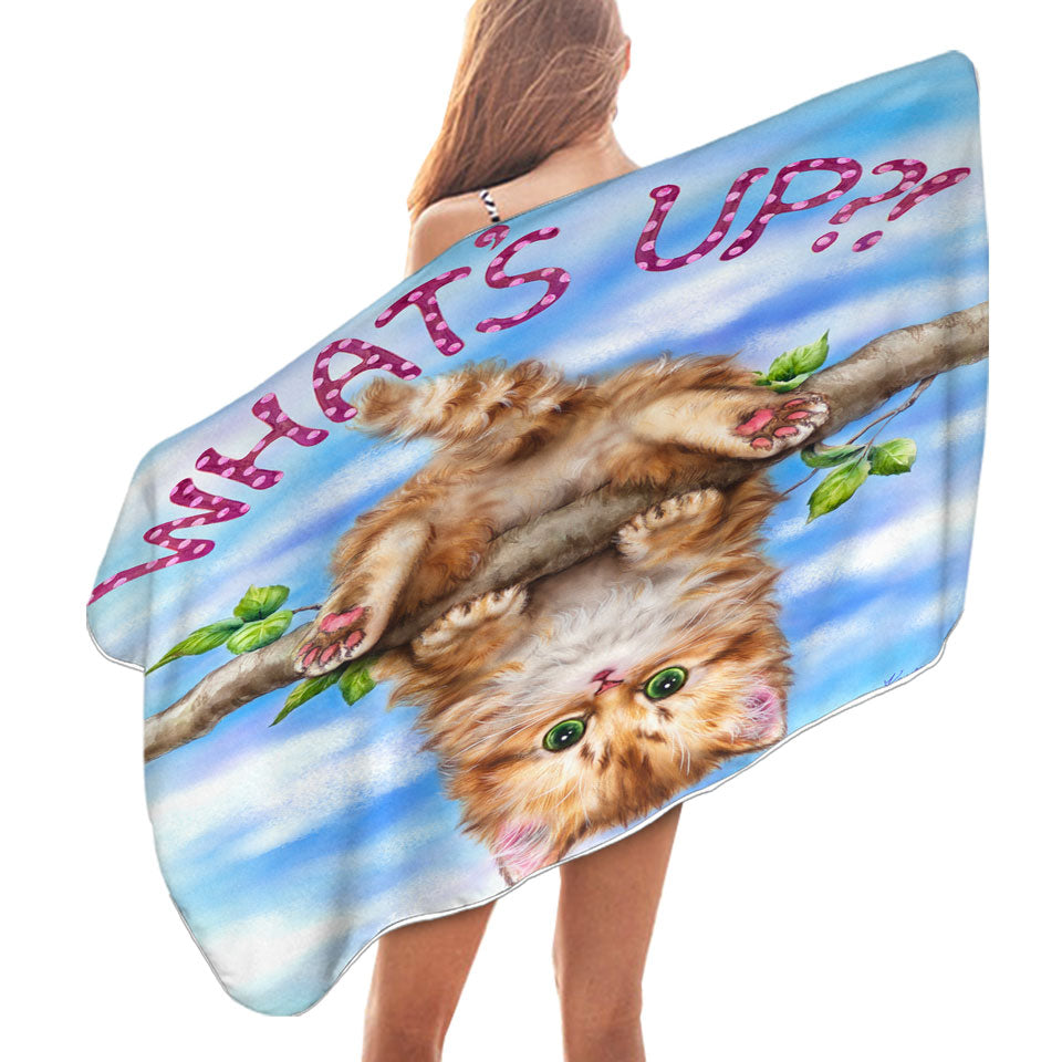 Whats Up Cute Funny Ginger Kitten on Branch Beach Towels Near Me