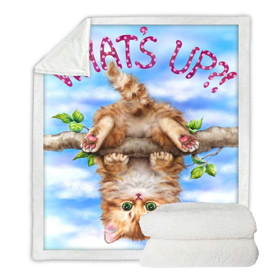 Whats Up Cute Funny Ginger Kitten on Branch Sofa Blankets