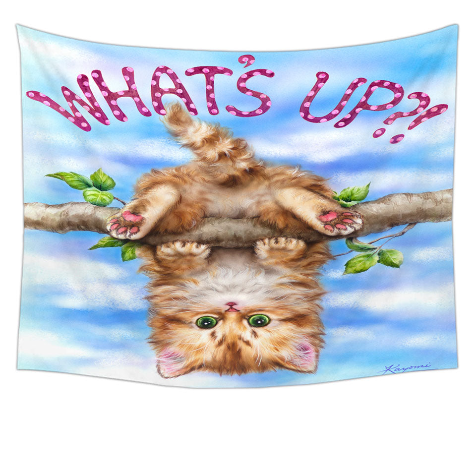 Whats Up Cute Funny Ginger Kitten on Branch Tapestry Wall Hanging