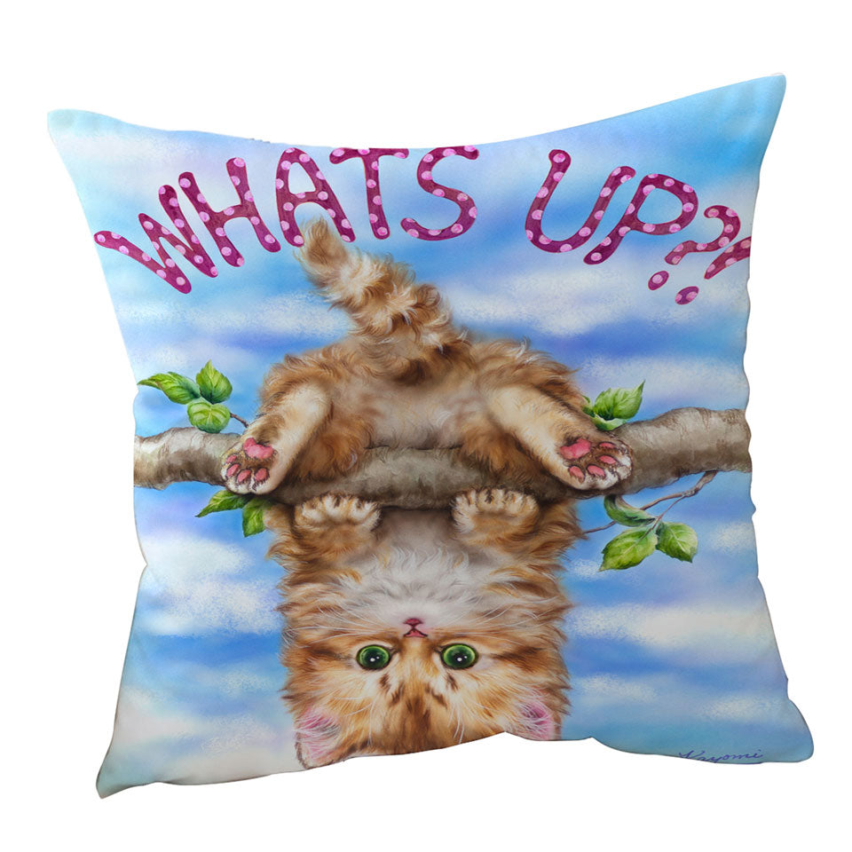 Whats Up Cute Funny Ginger Kitten on Branch Throw Pillow
