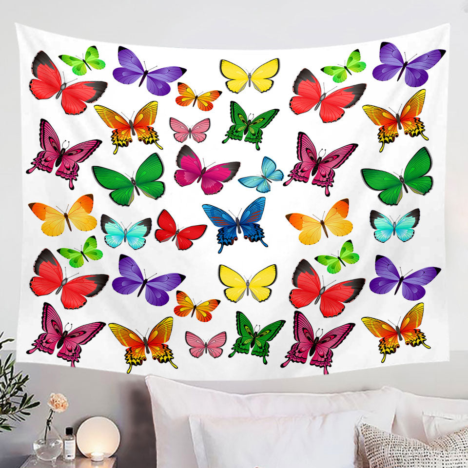 White Back Vivid Colored Butterflies Wall Tapestry