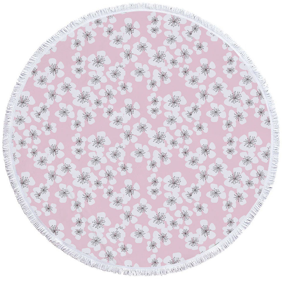 White Floral Round Beach Towel