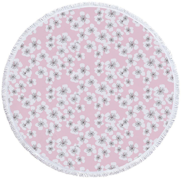 White Floral Round Beach Towel