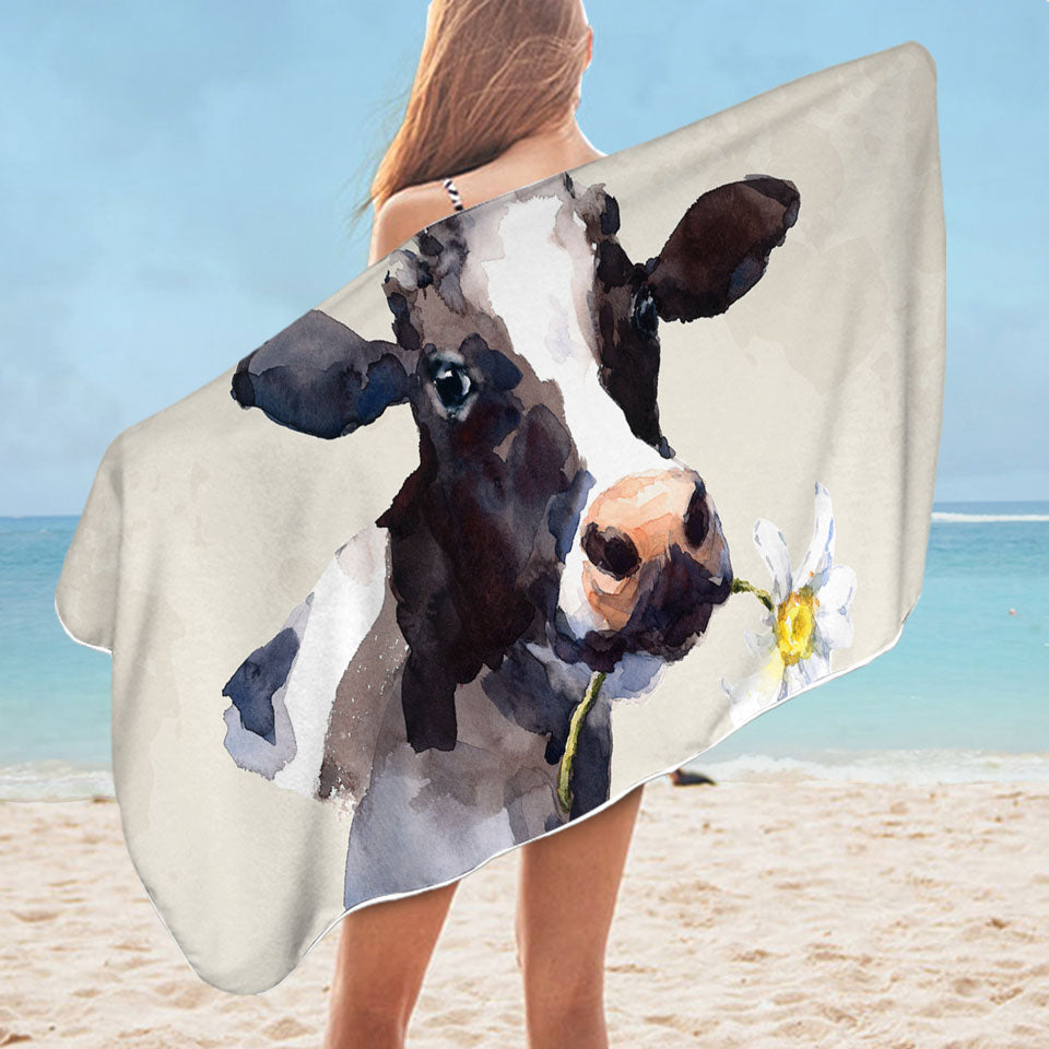 White Flower Cow Beach Towel