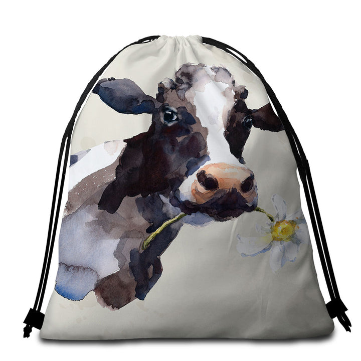White Flower Cow Beach Towels and Bags Set