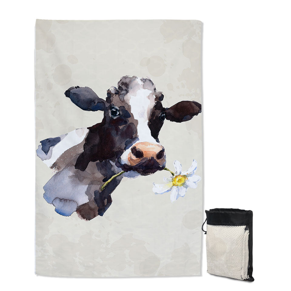 White Flower Cow Quick Dry Beach Towel