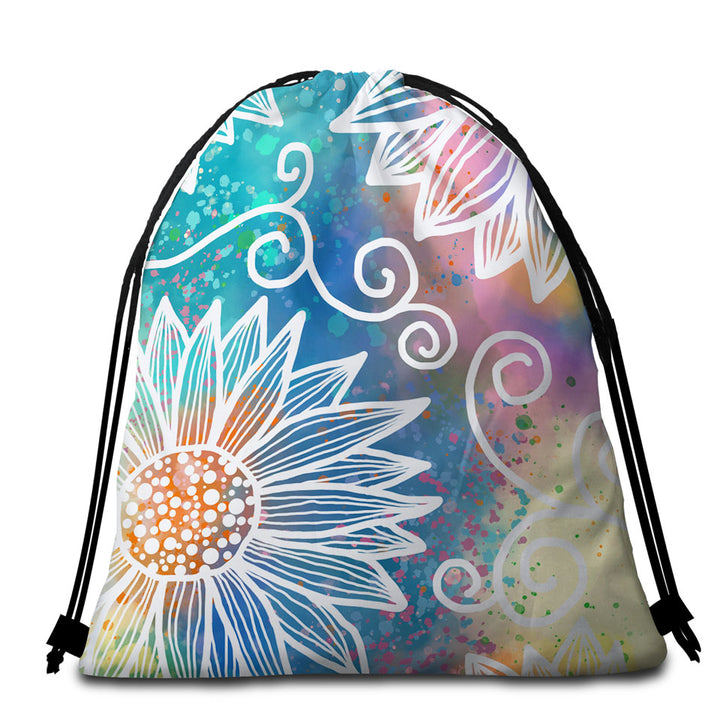 White Flower Drawings over Colorful Beach Towel Bags