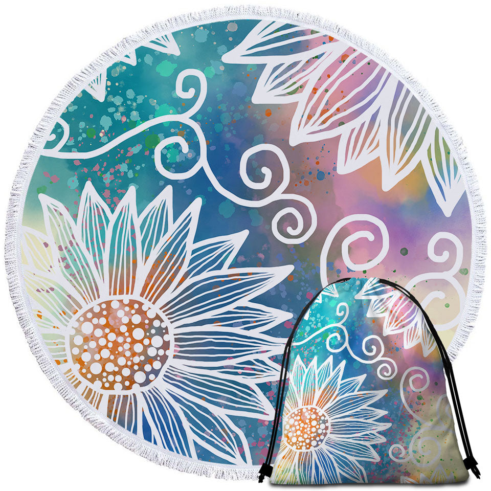 White Flower Drawings over Colorful Round Beach Towel