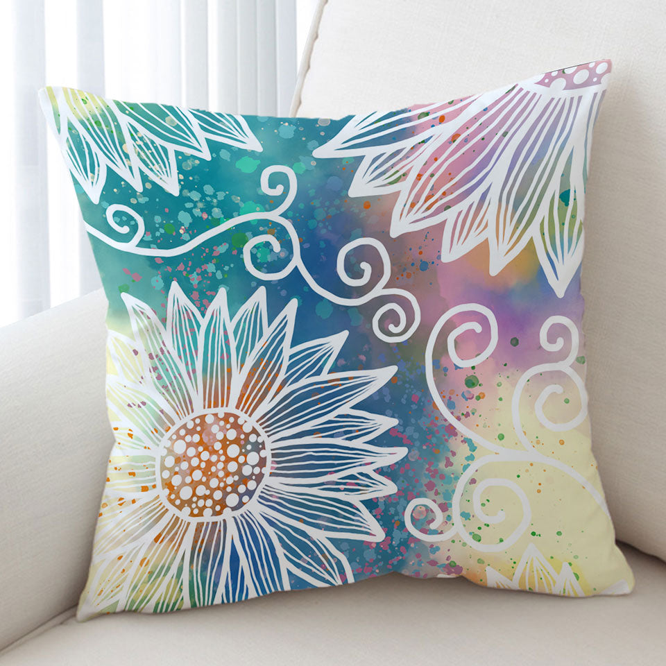 White Flower Drawings over Colorful Sofa Pillows