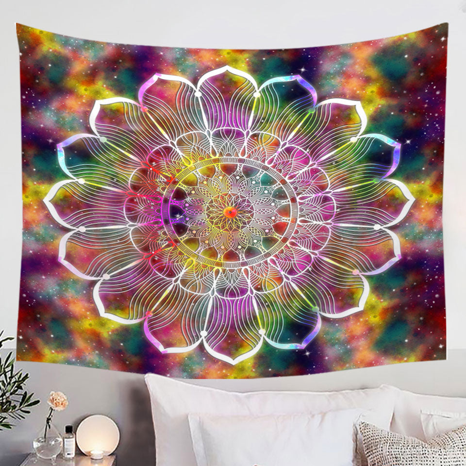 White Flower Mandala over Colorful Space Wall Decor Tapestry