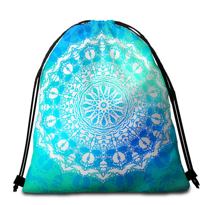 White Mandala Beach Bags and Towels with Bright Blue Green