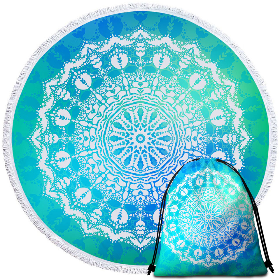White Mandala Beach Towels with Bright Blue Green