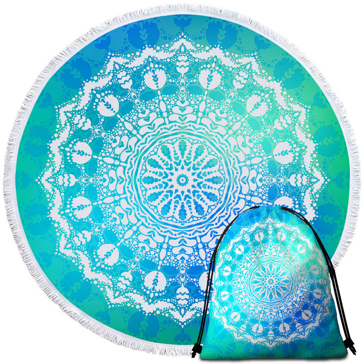 White Mandala Beach Towels with Bright Blue Green