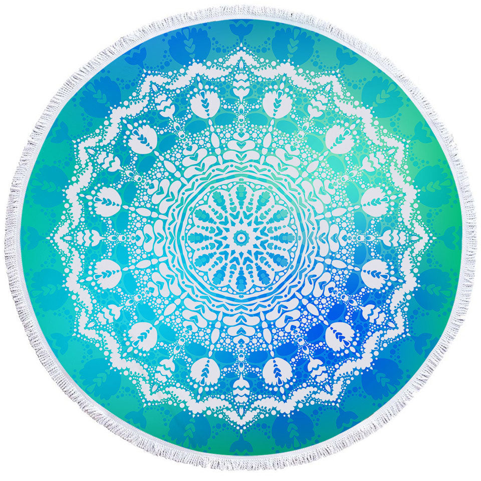 White Mandala Circle Towel with Bright Blue Green