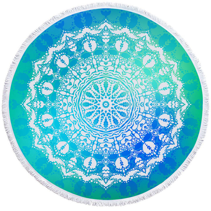 White Mandala Circle Towel with Bright Blue Green